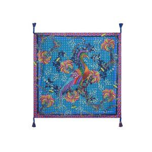 Johnny Was Thalassa Silk Scarf Floral Square Large Peacock Flower Tassel Blue NW